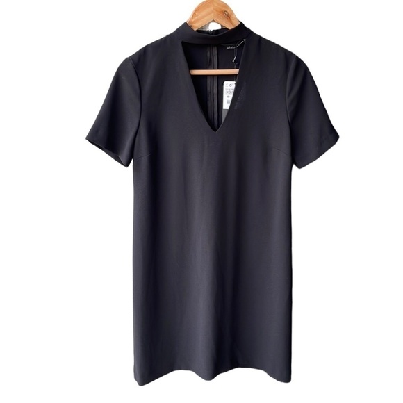 Zara Dress Black High Neck Cut Out Zip Cocktail Wedding Preppy Business Sz XS - Picture 1 of 7